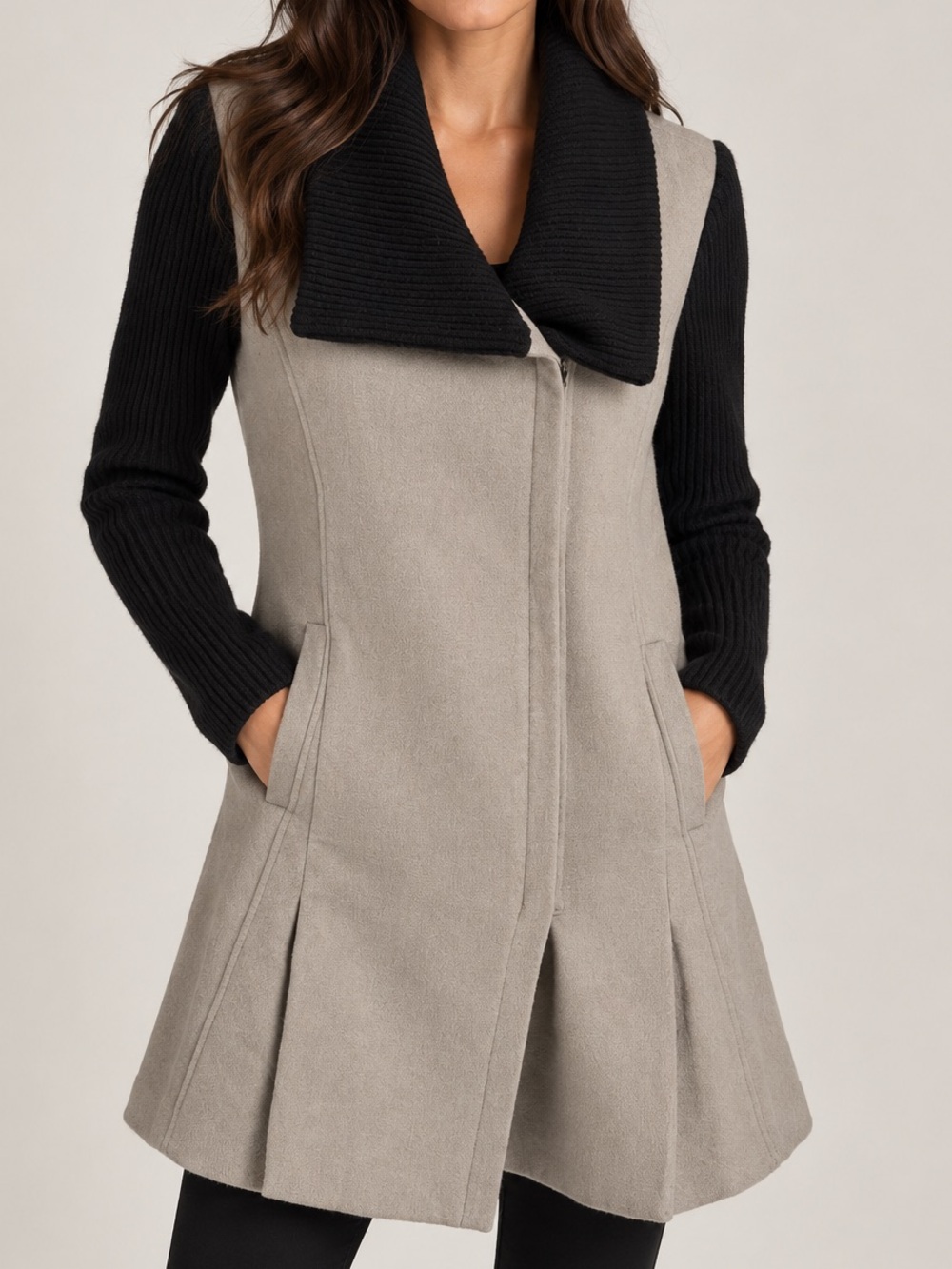 Helmut Lang Beige Coat with Black Knit Sleeves & Collar
